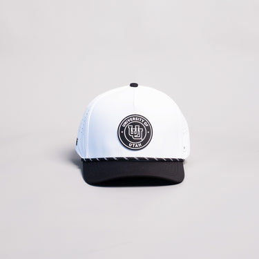 Utah Utes Hat White & Black Tee Box Performance Rope Snapback - Front Panel