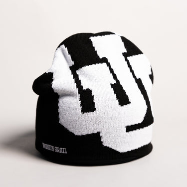Utah Utes Tilt Beanie Black & White Interlocking UU Knit - Front Detail