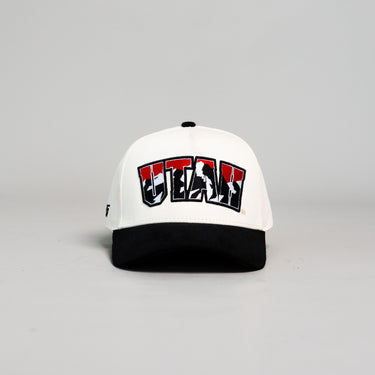 Utah Utes Vintage Cream and Black Snapback Hat with Red Mountain Logo Embroidery - Front Panel