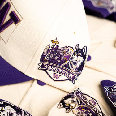 Washington Huskies Hat Cream & Purple UW State Snapback - Side Patch Detail
