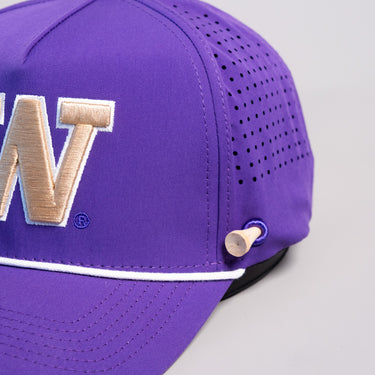 Washington Huskies Hat Purple Tee Box Performance Rope Snapback - Front Detail Angled
