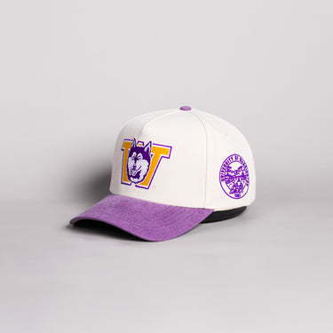 Washington Huskies Vintage W Hat Cream Cotton Purple Suede Brim Seal Patch Snapback - Angled View