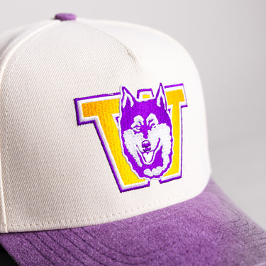 Washington Huskies Vintage W Hat Cream Cotton Purple Suede Brim Seal Patch Snapback - Front Detail