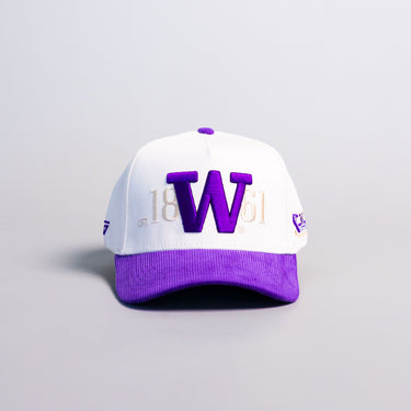 Washington Huskies W Hat Cream Purple Corduroy Brim Side Patch Snapback - Front Panel