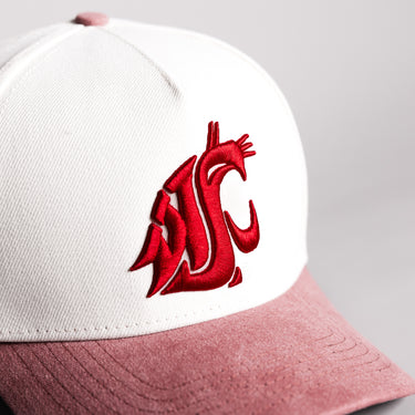 Washington State Cougars Hat Cream Cotton Crimson Suede Brim Side Patch Snapback - Front Detail