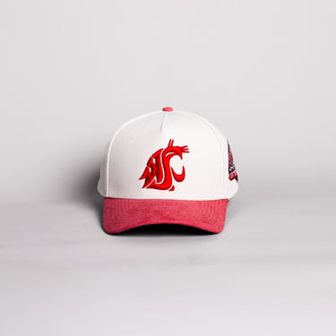 Washington State Cougars Hat Cream Cotton Crimson Suede Brim Side Patch Snapback - Front Panel