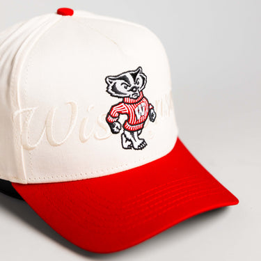Wisconsin Badgers Hat Cream & Red Stacked Script Snapback - Angled View B