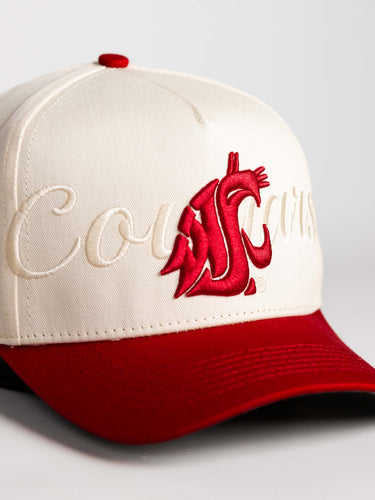 Washington State Cougars Hat Cream & Crimson Stacked Script Snapback - Angled View