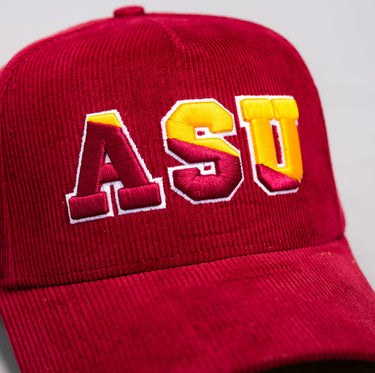 Arizona State ASU Maroon Corduroy Snapback Hat with Block Logo and Sun Devil Patch - Front Detail