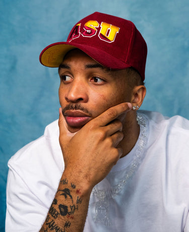 Arizona State ASU Maroon Corduroy Snapback Hat with Block Logo and Sun Devil Patch - On Model Lifestyle