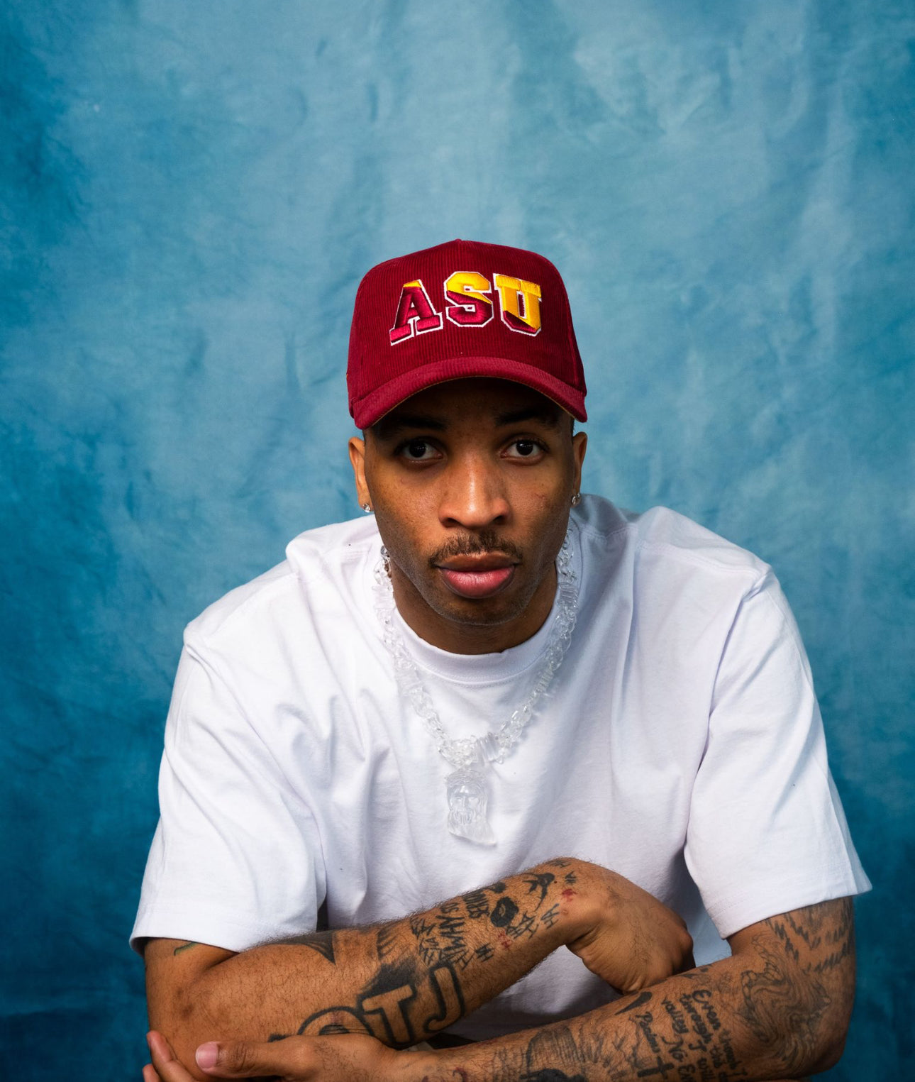 Arizona State ASU Maroon Corduroy Snapback Hat with Block Logo and Sun Devil Patch - On Model Portrait Lifestyle