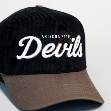 Arizona State Devils Hat Black Corduroy Brown Suede Brim Snapback ASU - Front Detail