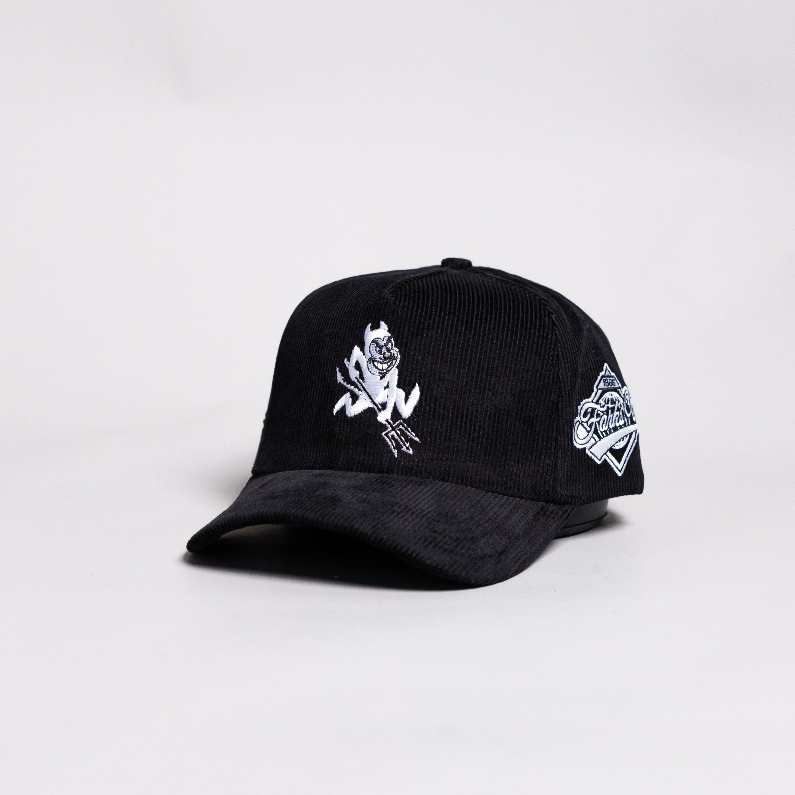 Arizona State Sun Devils Hat Black Corduroy White Sparky Logo Snapback - Angled View