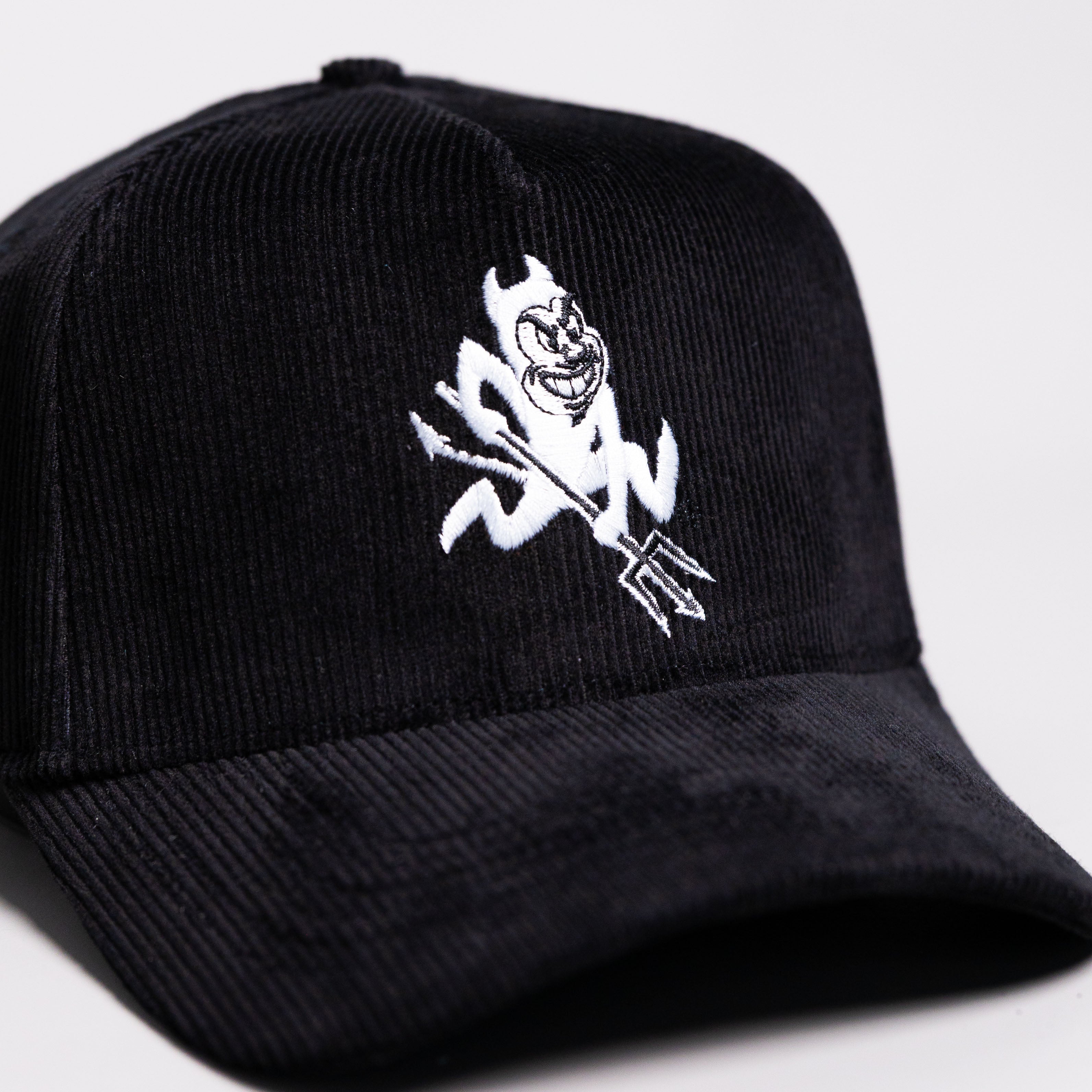 Arizona State Sun Devils Hat Black Corduroy White Sparky Logo Snapback - Front Detail