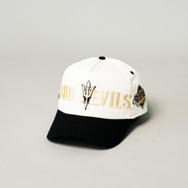 Arizona State Sun Devils Hat Cream Black Fork Script Snapback - Angled View