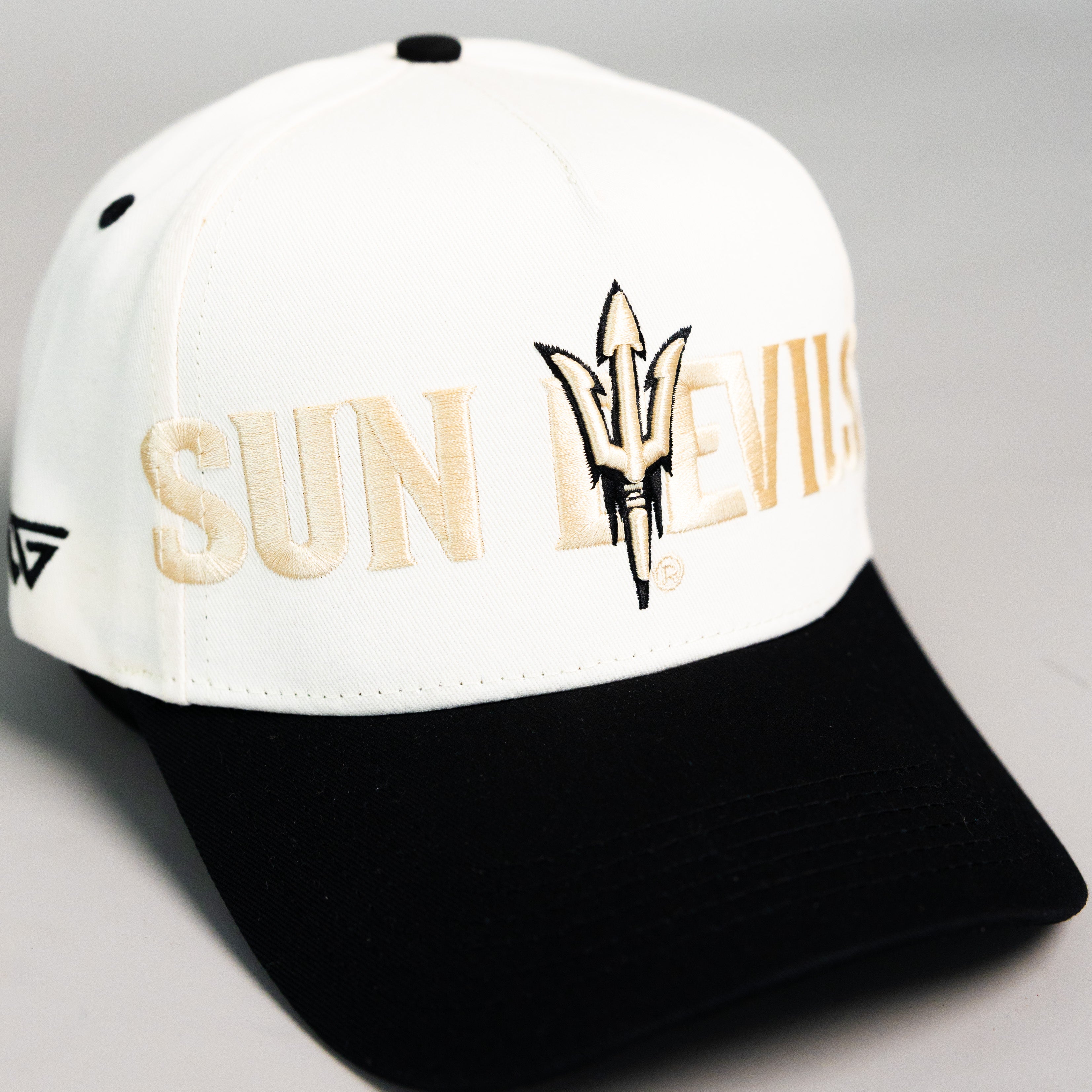 Arizona State Sun Devils Hat Cream Black Fork Script Snapback - Front Detail