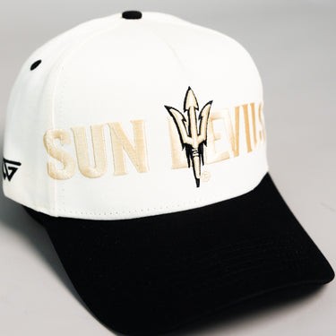 Arizona State Sun Devils Hat Cream Black Fork Script Snapback - Front Detail
