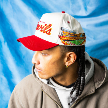 Arizona State Sun Devils Hat Cream & Red Devils Script Stadium Patch Snapback - On Model Lifestyle