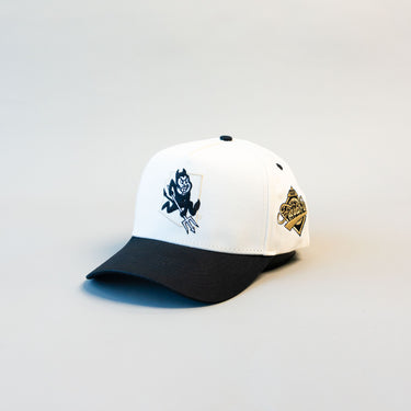 Arizona State Sun Devils Hat White Black Brim Pitchfork Logo Snapback - Angled View