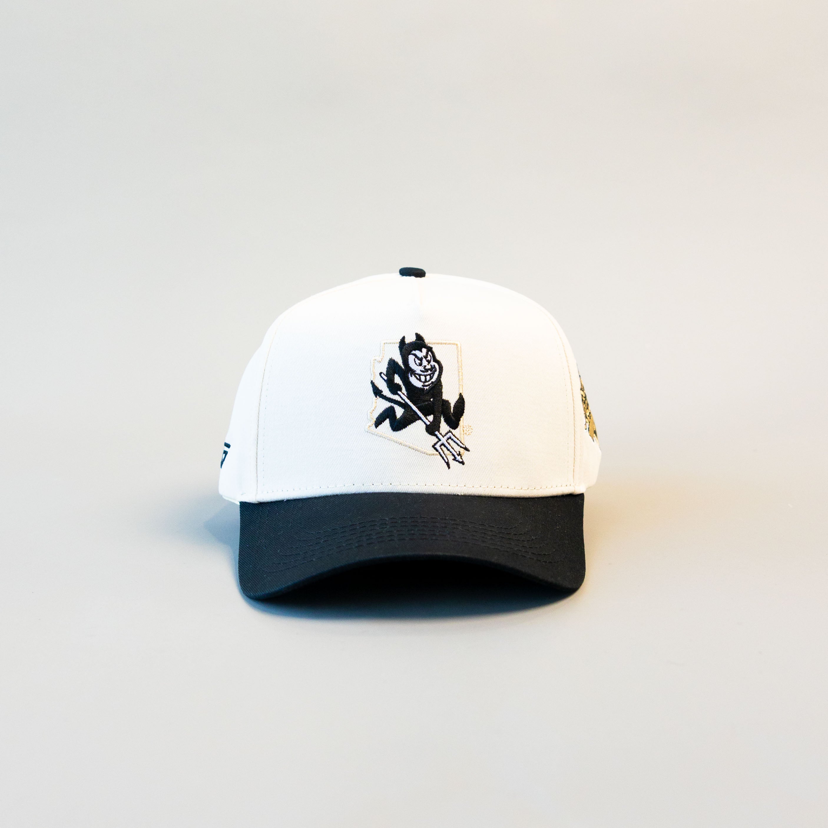 Arizona State Sun Devils Hat White Black Brim Pitchfork Logo Snapback - Front Panel