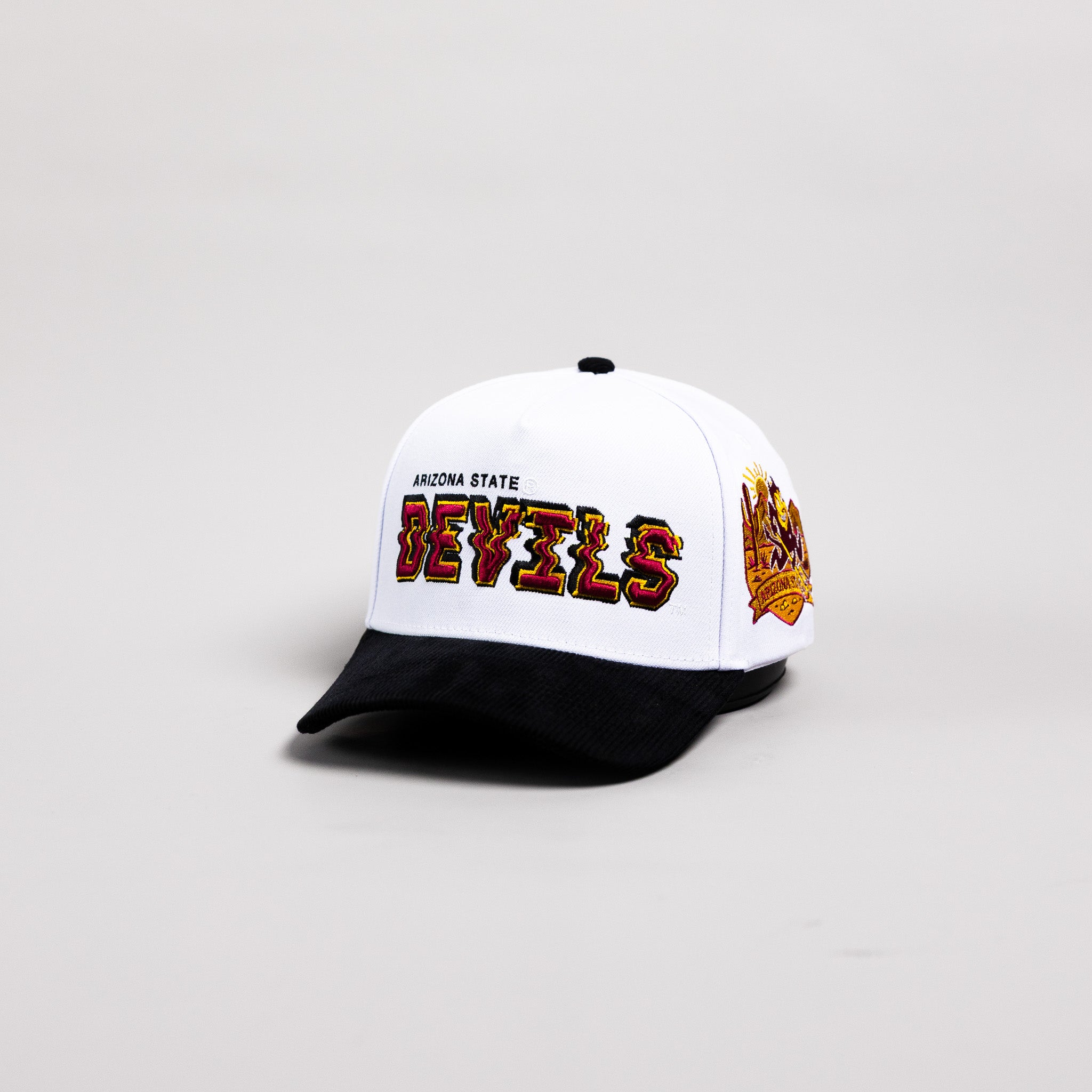 Arizona State Sun Devils Hat White & Black Corduroy Stadium Pulse Snapback - Angled View