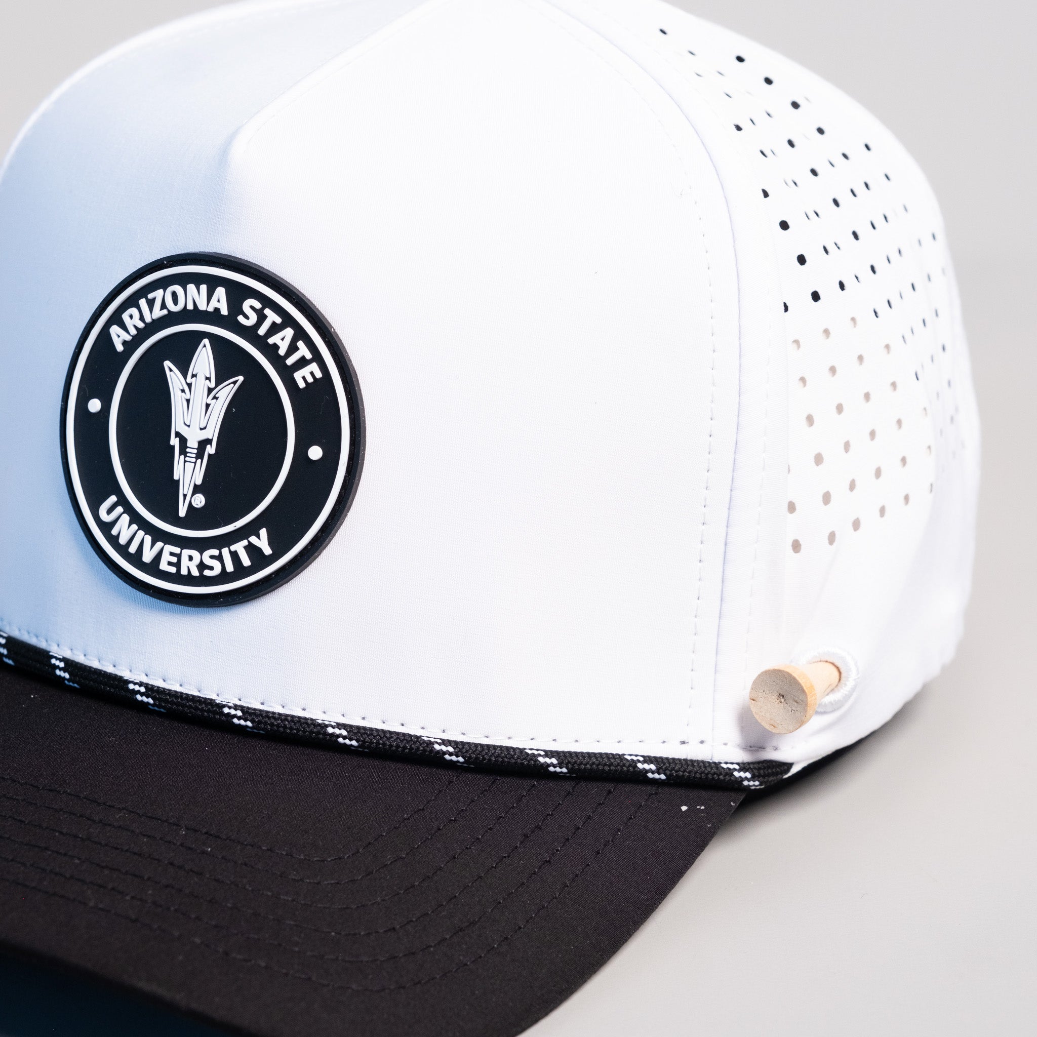 Arizona State Sun Devils Hat White Black Tee Box - Front Detail Angled