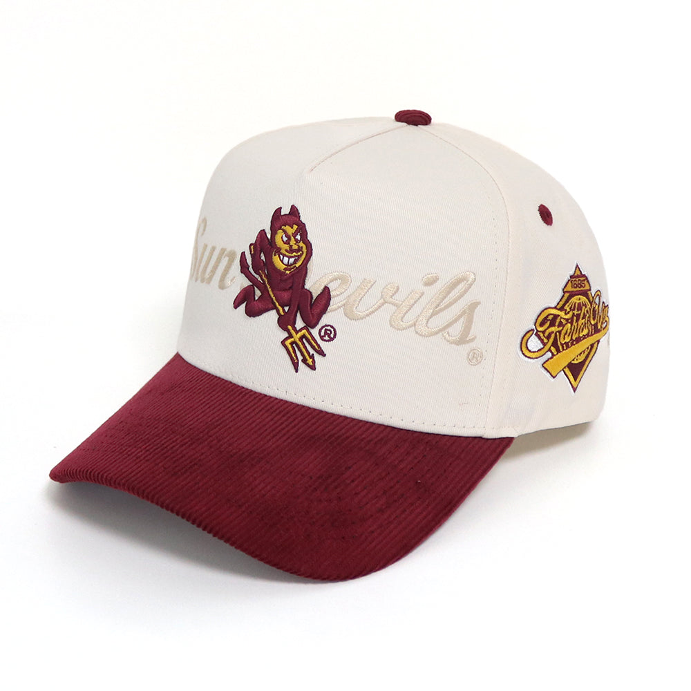 Arizona State Sun Devils Script Vintage Snapback Hat Cream Maroon Corduroy - Angled View