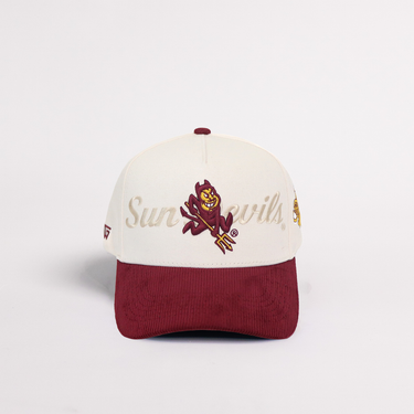 Arizona State Sun Devils Script Vintage Snapback Hat Cream Maroon Corduroy - Front Panel