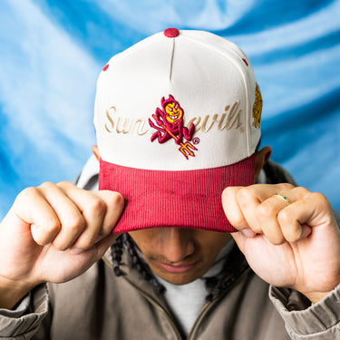 Arizona State Sun Devils Script Vintage Snapback Hat Cream Maroon Corduroy - On Model Lifestyle