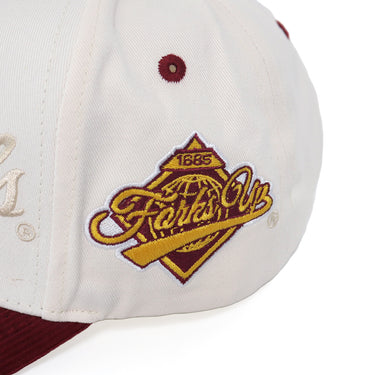 Arizona State Sun Devils Script Vintage Snapback Hat Cream Maroon Corduroy - Side Patch Detail