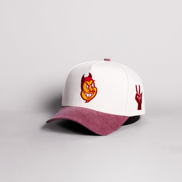 Arizona State Sun Devils Sparky Hat Cream Cotton Maroon Suede Brim Pitchfork Snapback - Angled View