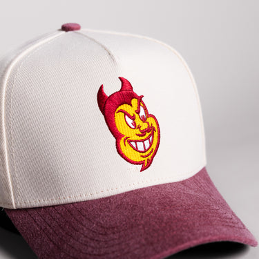 Arizona State Sun Devils Sparky Hat Cream Cotton Maroon Suede Brim Pitchfork Snapback - Front Detail