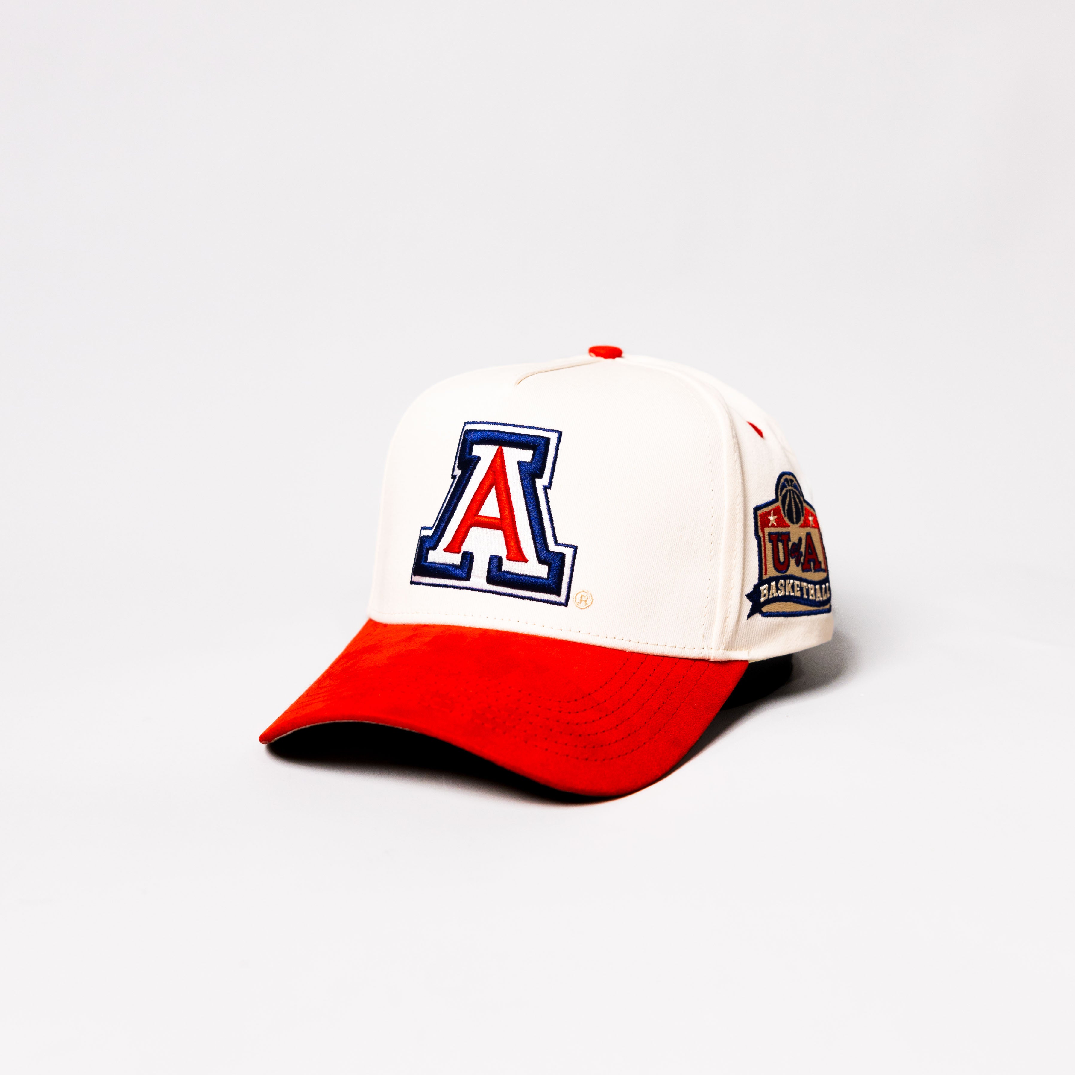 Arizona Wildcats Courtside Hat White Red Suede Brim A Logo Trophy Snapback - Angled View