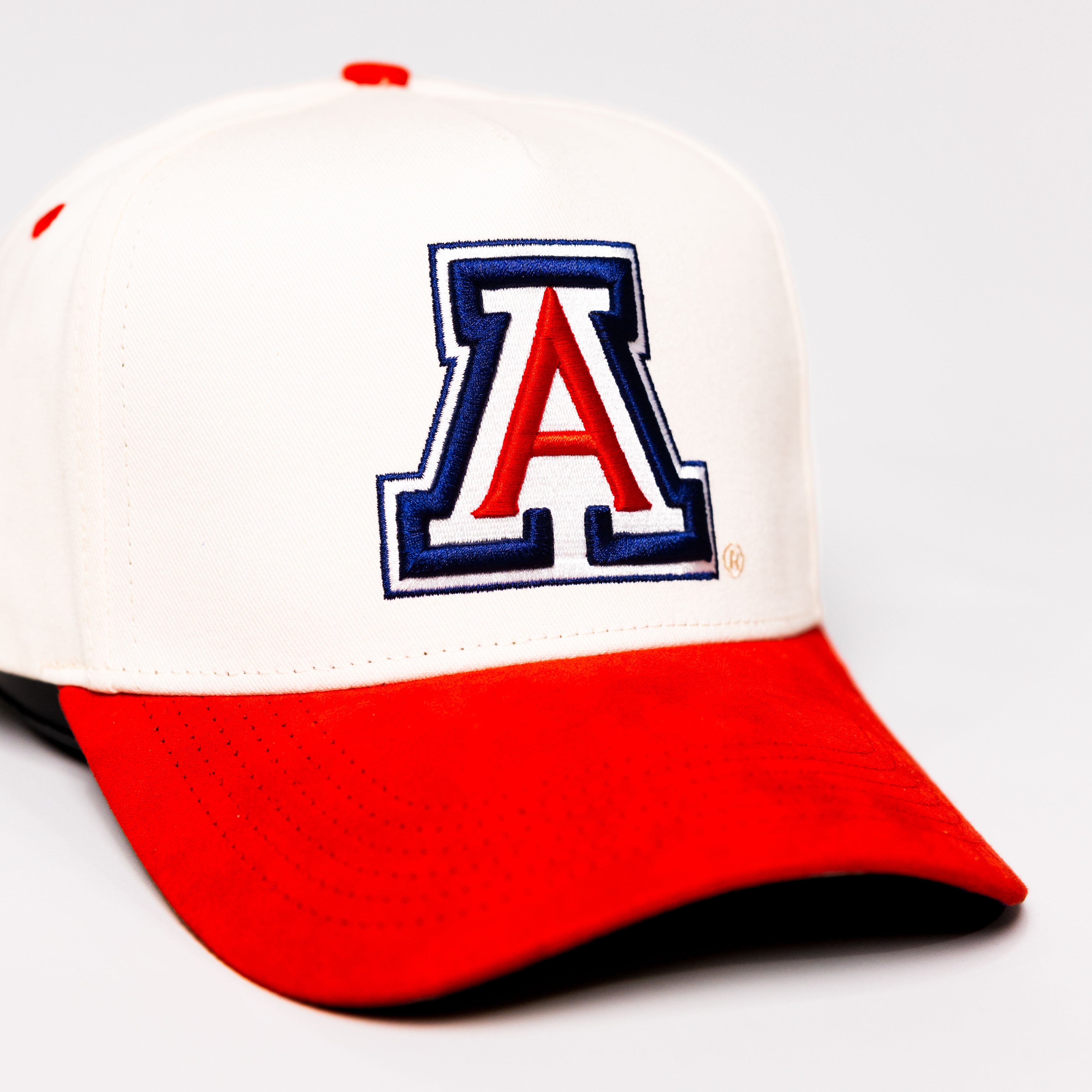 Arizona Wildcats Courtside Hat White Red Suede Brim A Logo Trophy Snapback - Front Detail