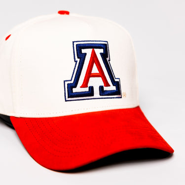 Arizona Wildcats Courtside Hat White Red Suede Brim A Logo Trophy Snapback - Front Detail