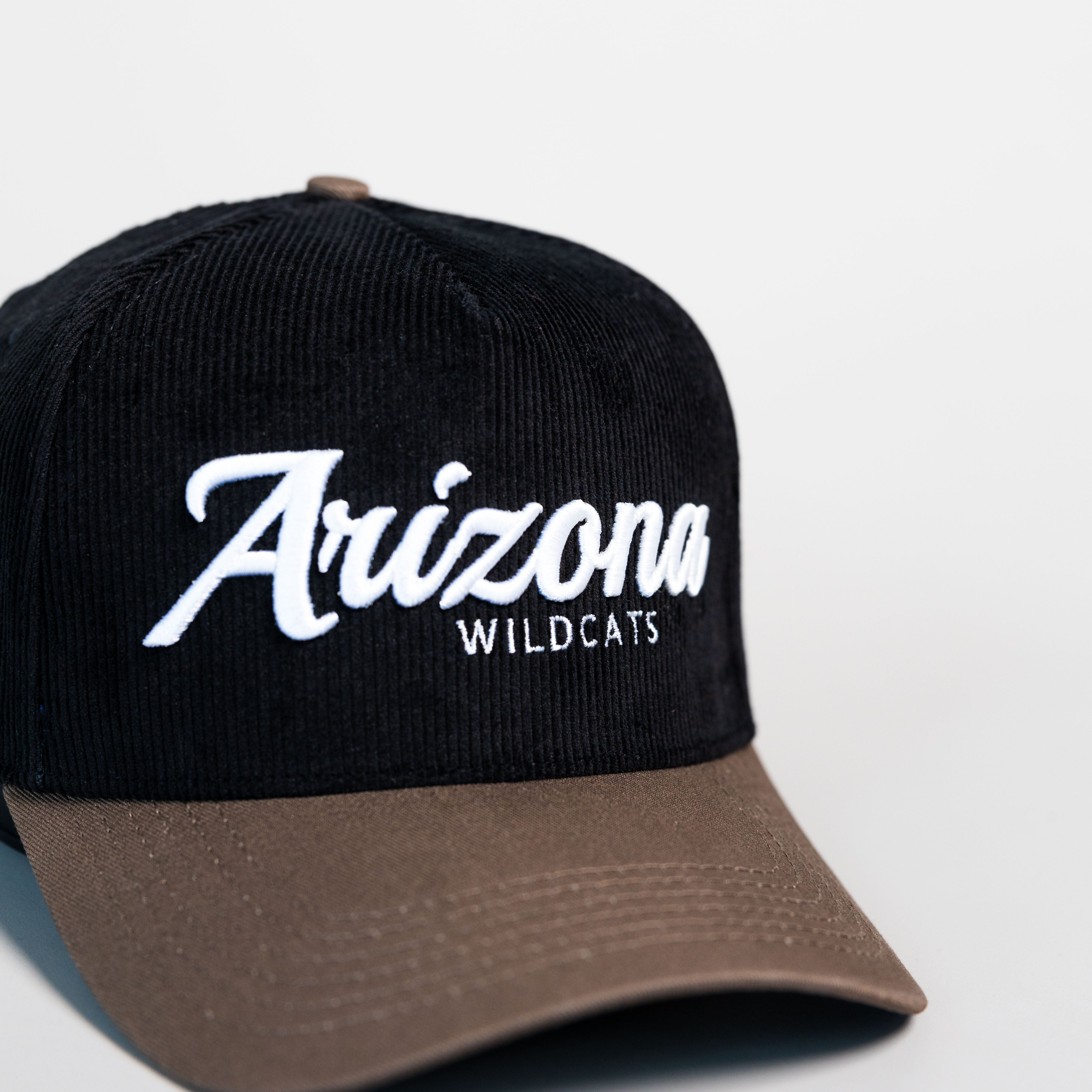 Arizona Wildcats Hat Black Corduroy Brown Suede Brim Snapback College - Front Detail