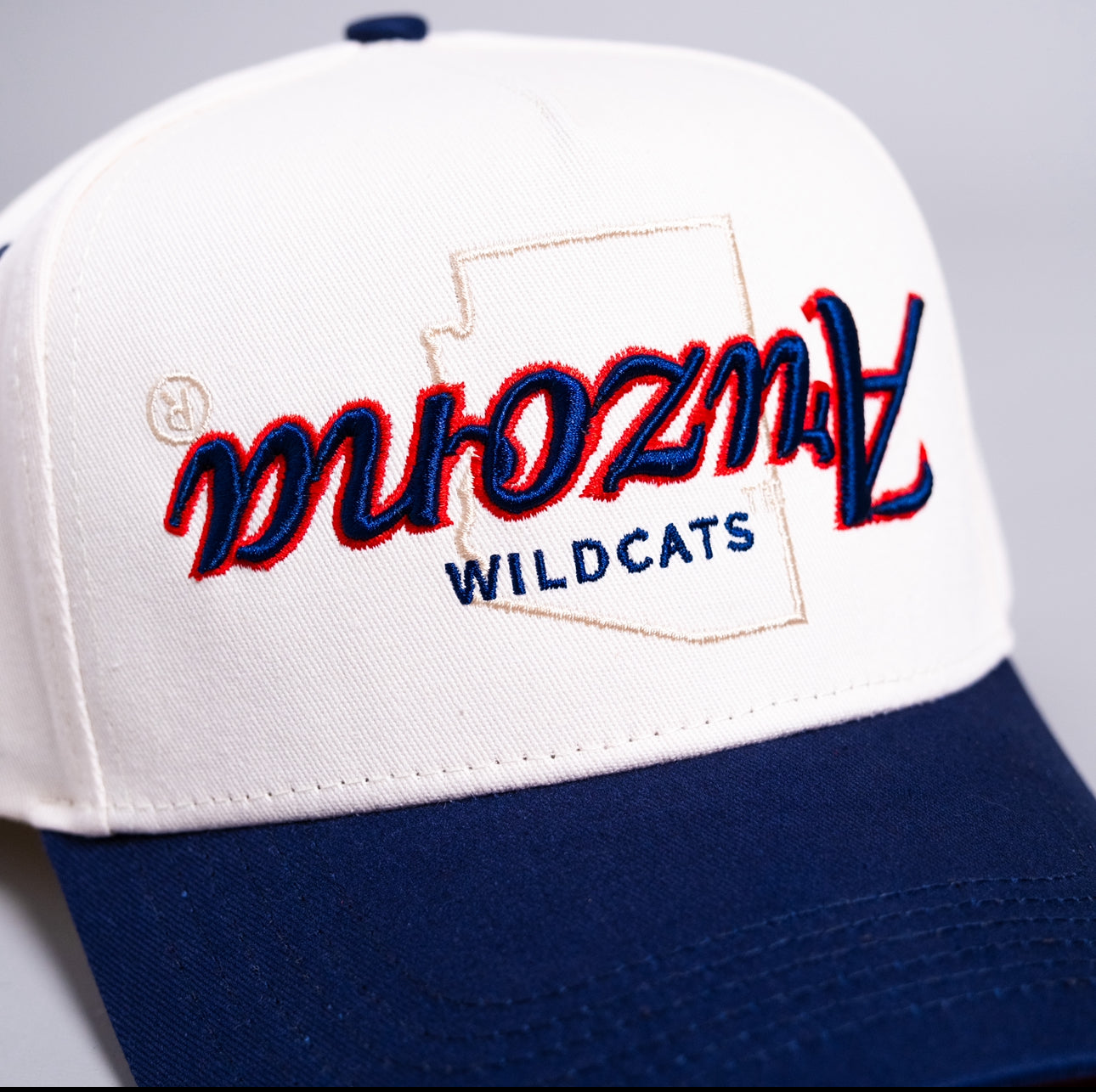 Arizona Wildcats Hat Cream & Navy Reversed Arizona Script Snapback - Front Detail