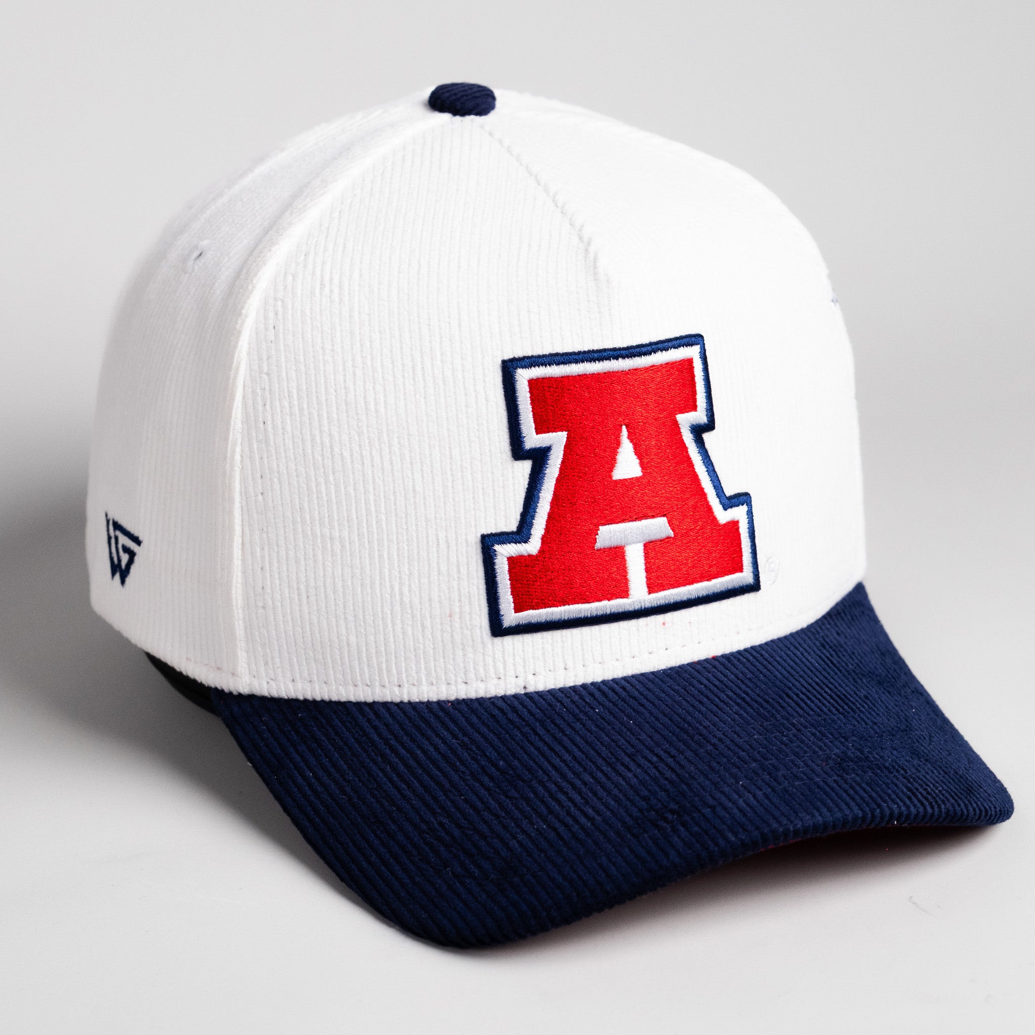 Arizona Wildcats Hat White & Navy Corduroy Helmet Sticker Snapback - Angled View