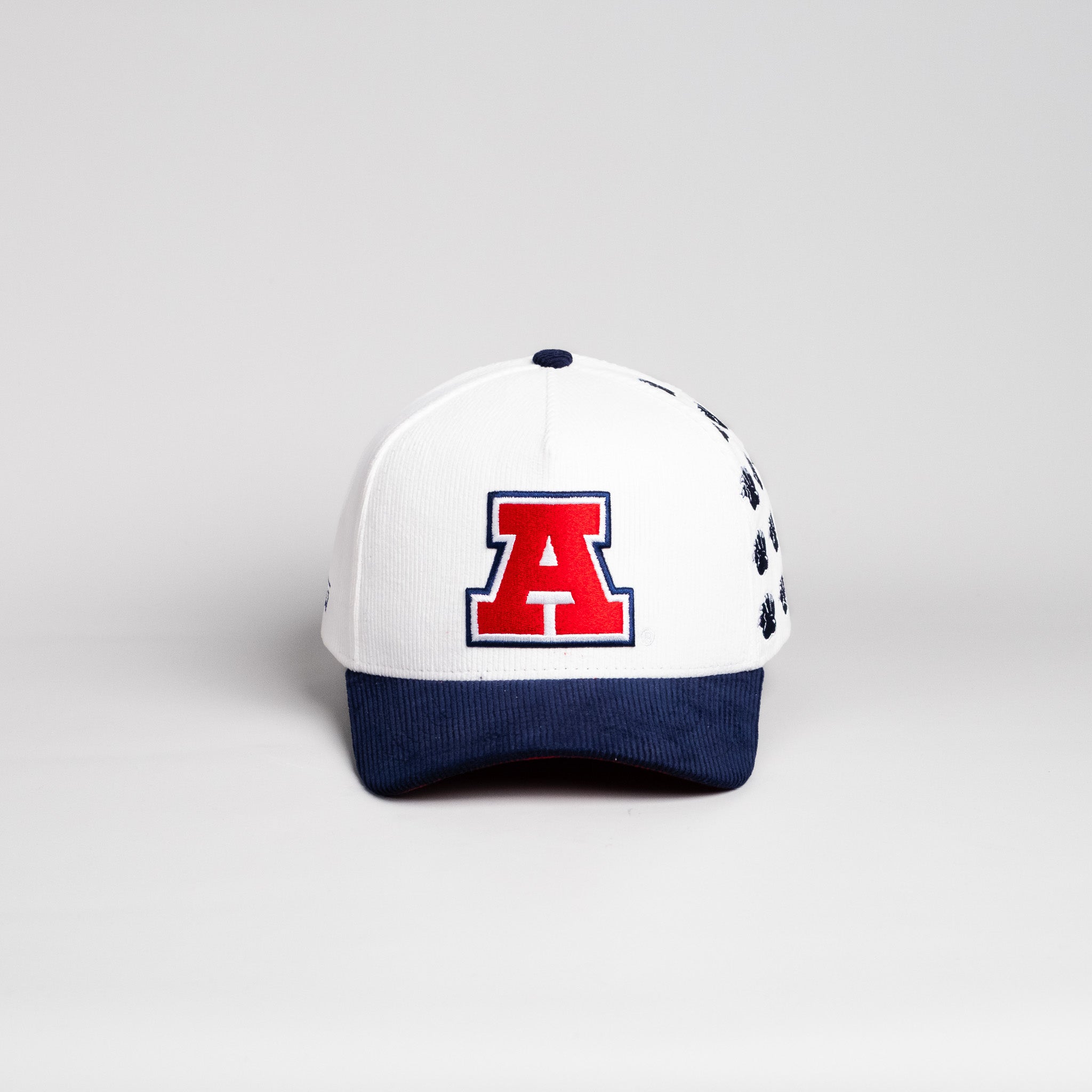 Arizona Wildcats Hat White & Navy Corduroy Helmet Sticker Snapback - Front Panel