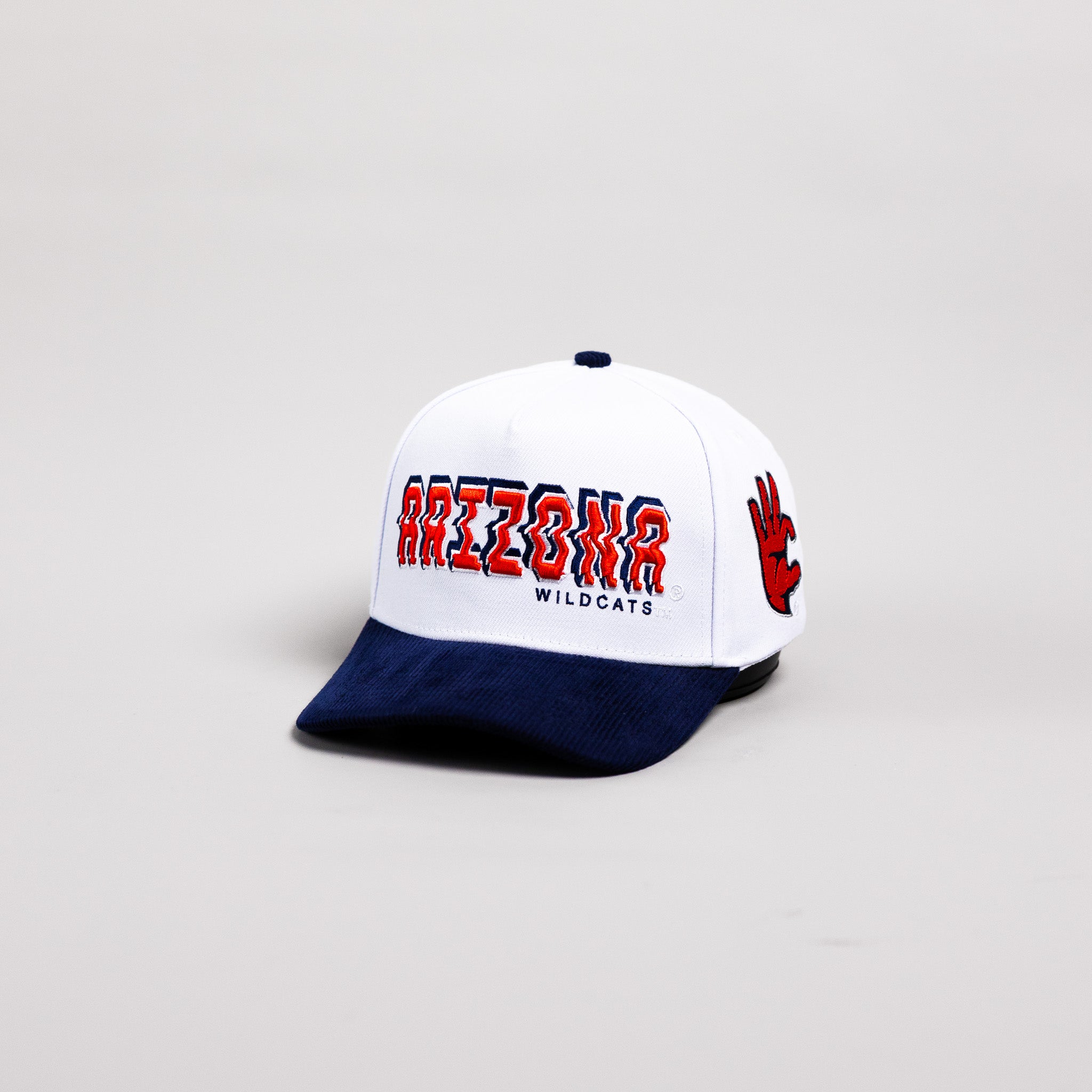 Arizona Wildcats Hat White & Navy Corduroy Stadium Pulse Snapback - Angled View