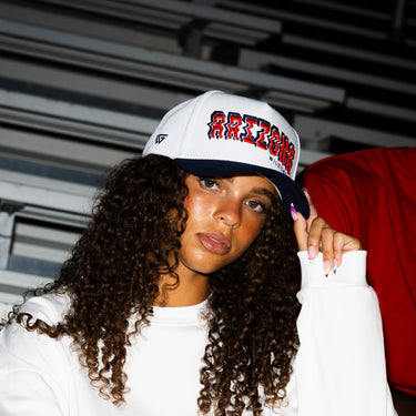 Arizona Wildcats Hat White & Navy Corduroy Stadium Pulse Snapback - On Model Lifestyle