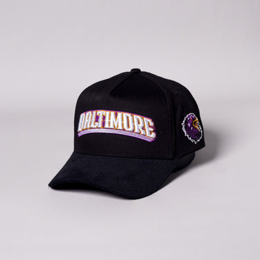 Baltimore City Hat Black Corduroy Purple & Gold Snapback - Angled View