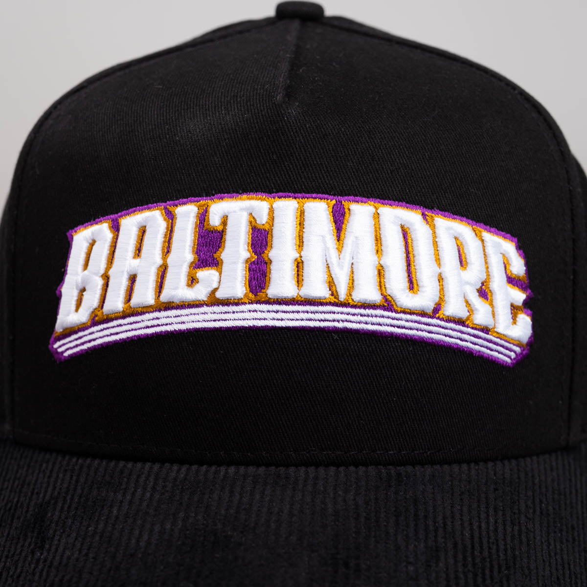 Baltimore City Hat Black Corduroy Purple & Gold Snapback - Front Detail