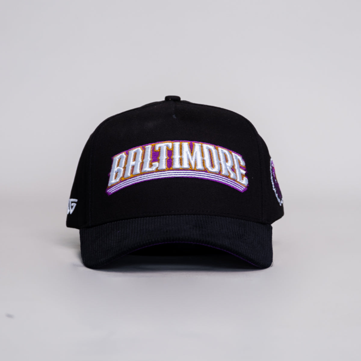 Baltimore City Hat Black Corduroy Purple & Gold Snapback - Front Panel