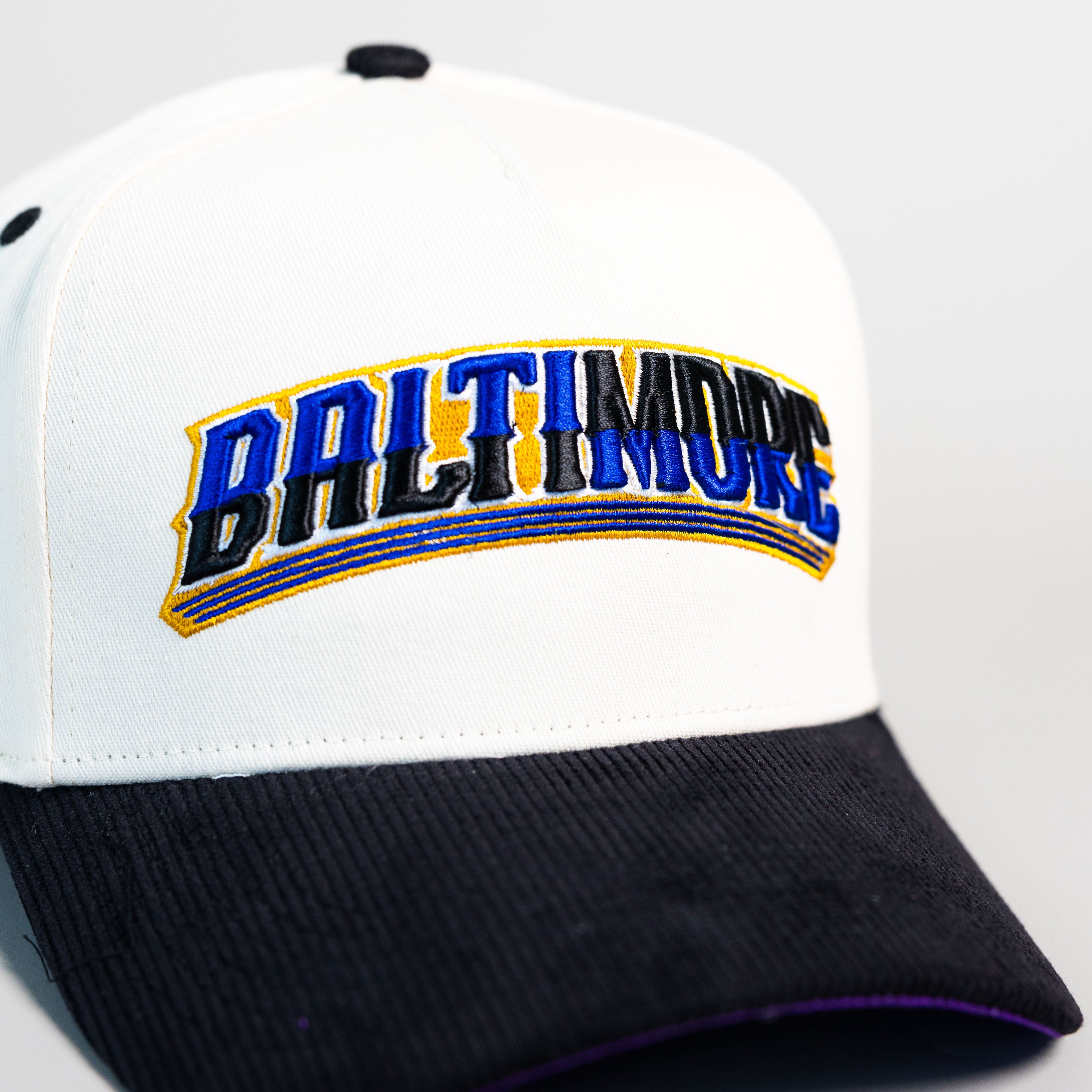 Baltimore Hat Cream and Black Corduroy City Snapback - Front Detail