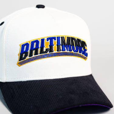 Baltimore Hat Cream and Black Corduroy City Snapback - Front Detail