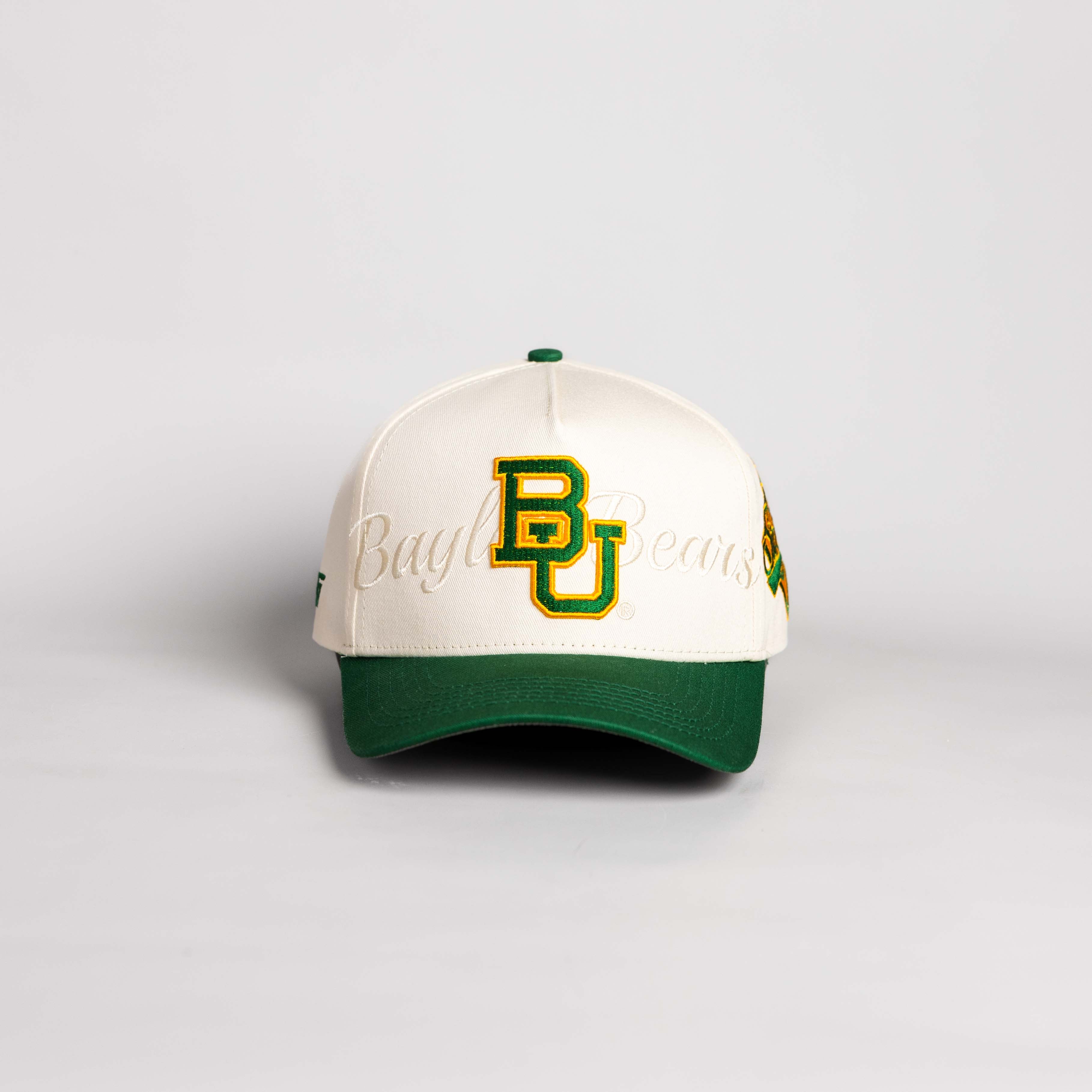 Baylor Bears Hat Cream and Green Suede Script Snapback - Front Panel