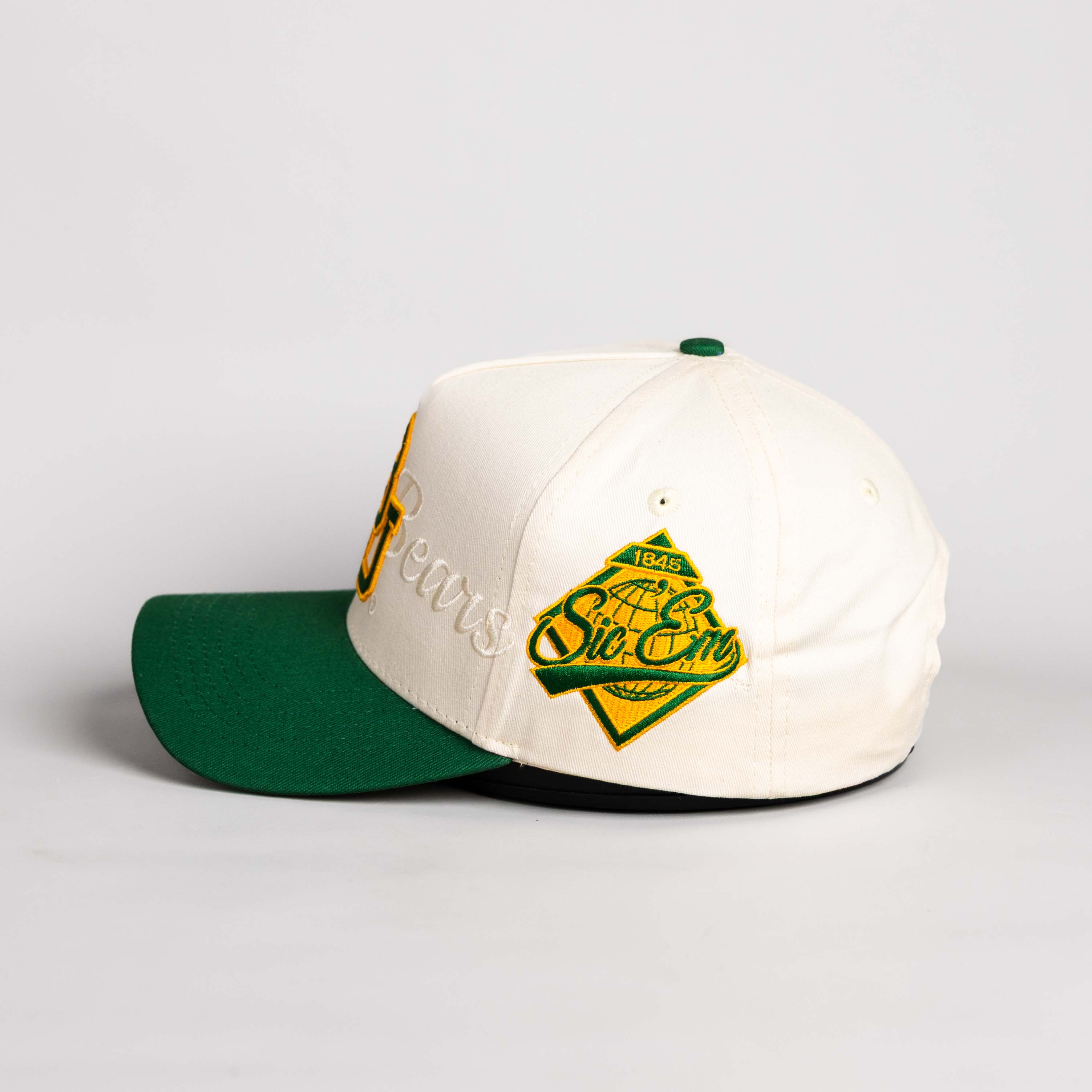 Baylor Bears Hat Cream and Green Suede Script Snapback - Side Patch