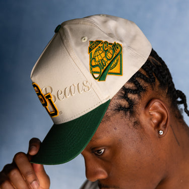 Baylor Bears Hat Cream & Green Script Snapback - On Model Lifestyle