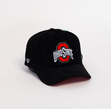 Black Corduroy Ohio State Buckeyes Snapback Hat with Helmet Sticker Leaf Patches - Angled View